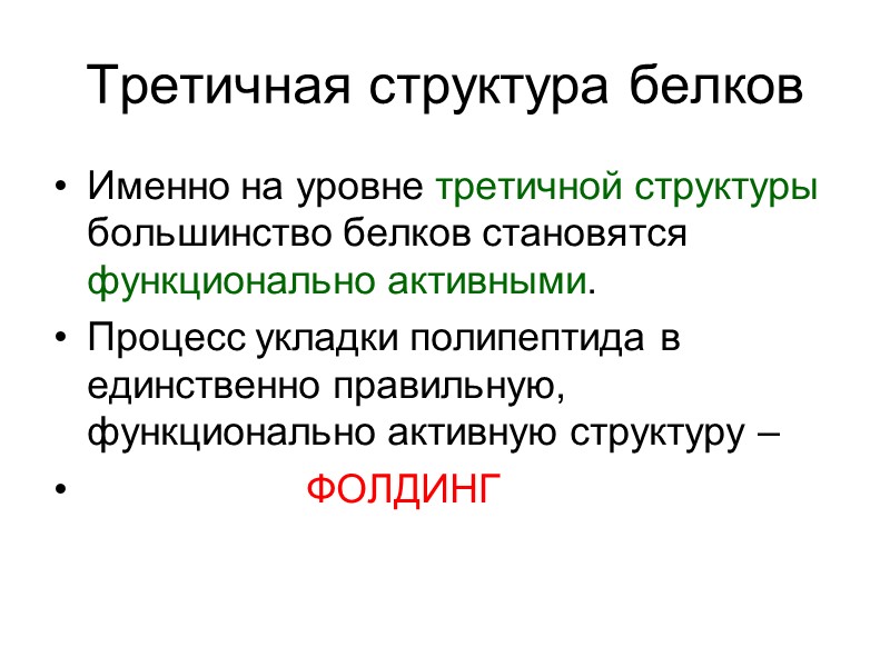 Третичная структура белков Именно на уровне третичной структуры большинство белков становятся функционально активными. 